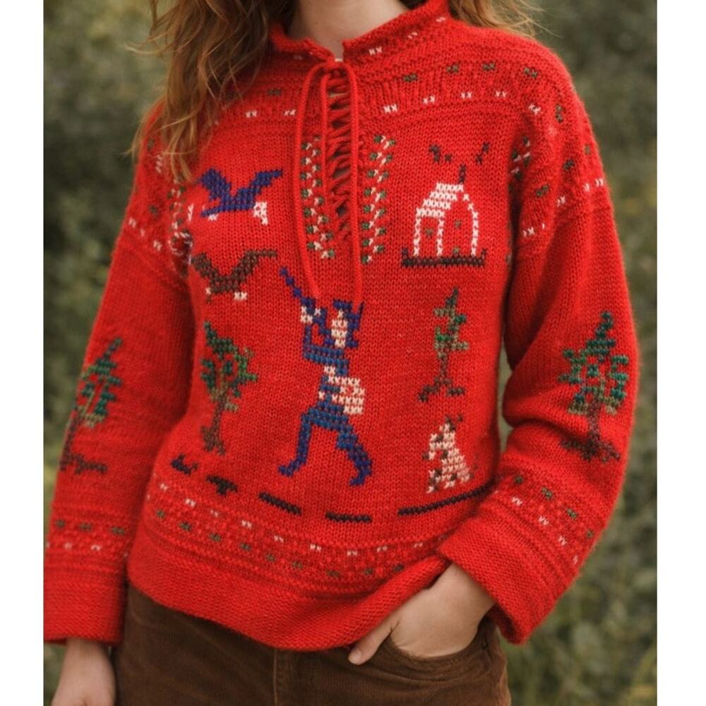 Vintage Persephone Jones Folk Art Knit Sweater Red Cross Stitch Boho Indie Rare